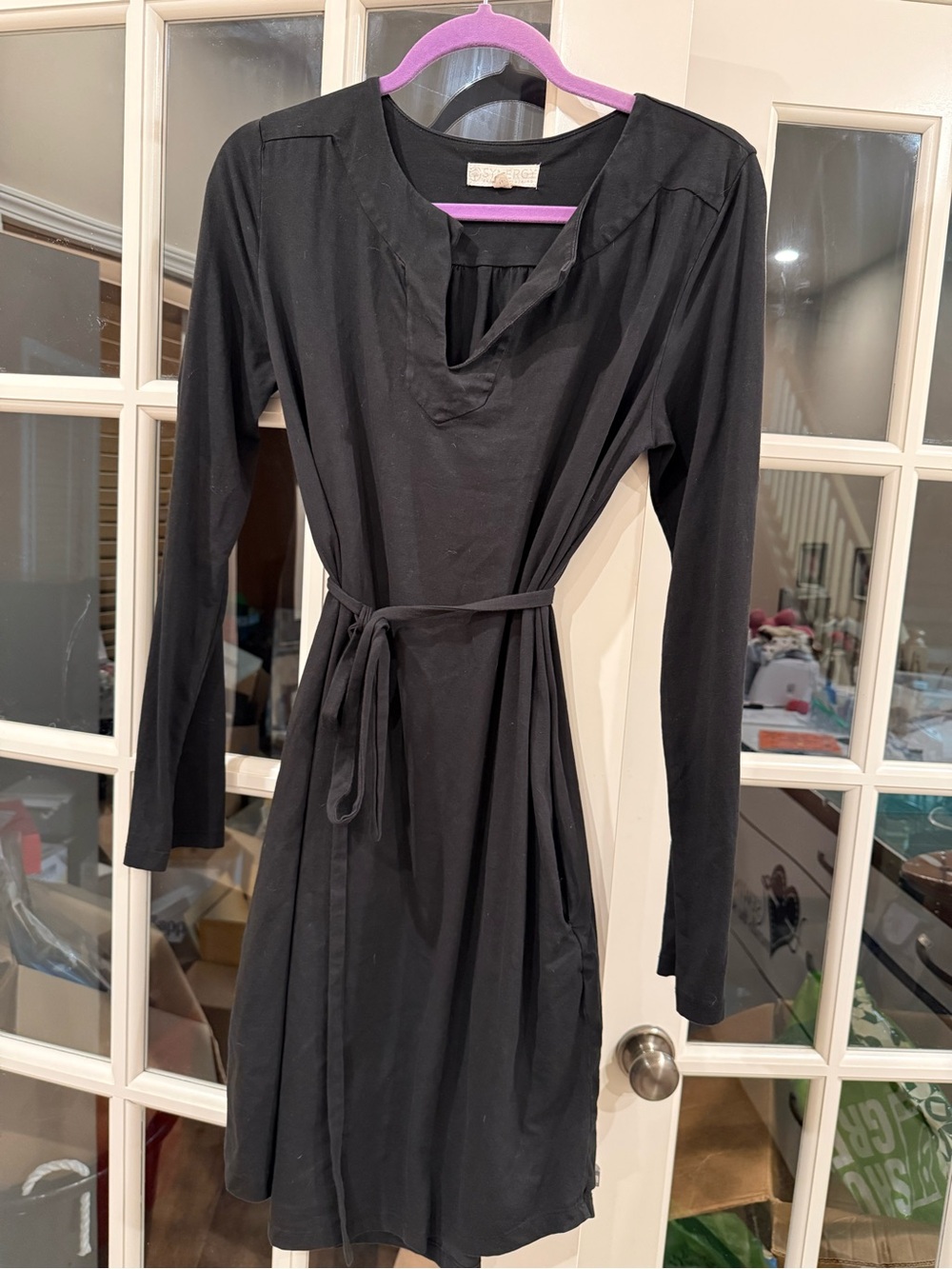 Black Long-Sleeve Tie-Waist Dress - Women synergy